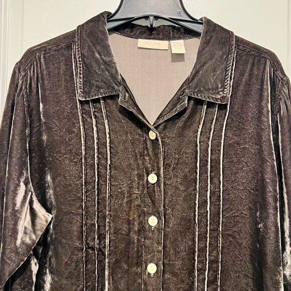 Vintage J. Jill Women's Crushed Velvet Button Up Blouse 3/4 Sleeves Brown L (14) - Picture 2 of 12